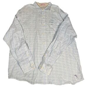 Tommy Bahama Mens Long Sleeve Plaid Shirt‎ 2XLT Blue White Linen Blend Pocket
